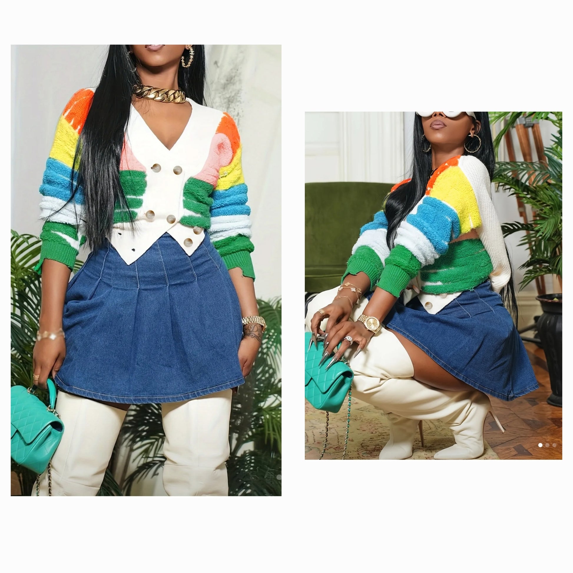 Colorful knit sweater featuring vibrant stripes paired with a stylish denim skirt.
