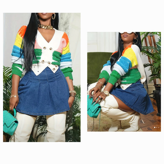 Colorful knit sweater featuring vibrant stripes paired with a stylish denim skirt.