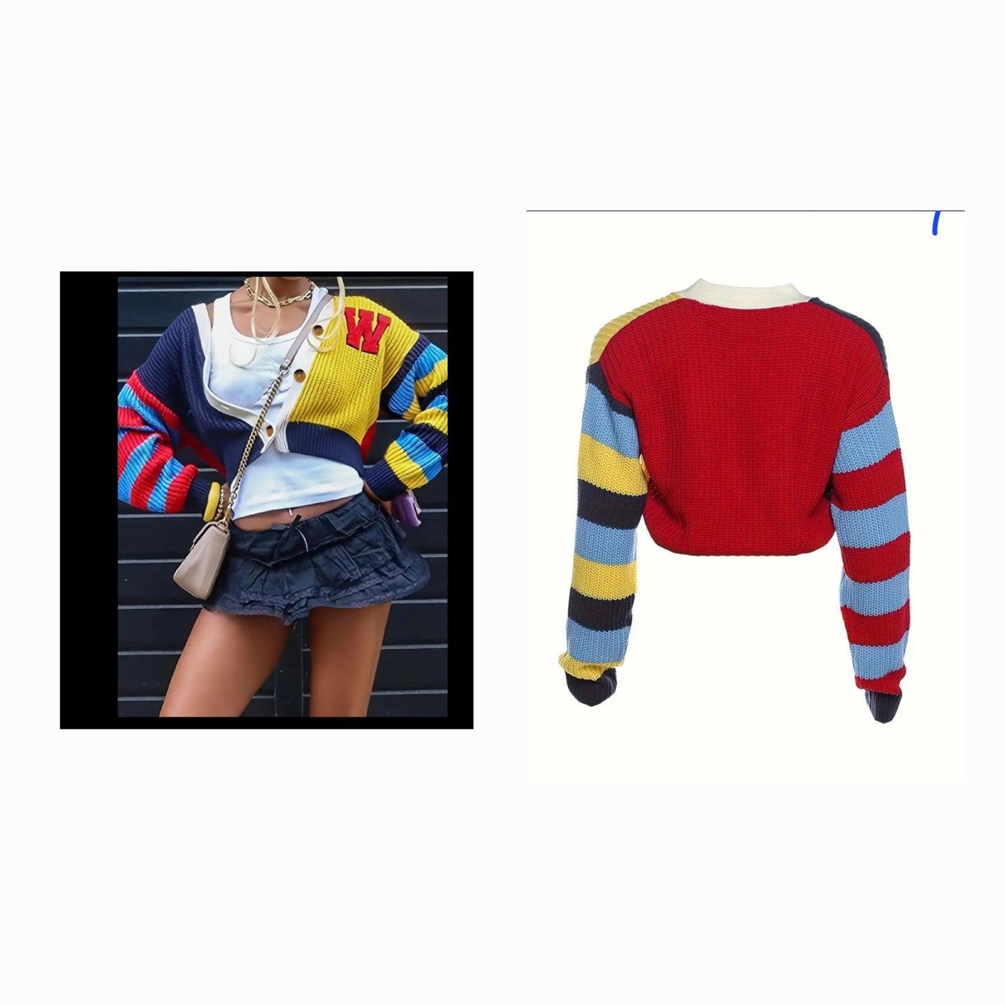 Colorful knit sweater featuring vibrant stripes and a cropped design, perfect for a stylish, casual look.