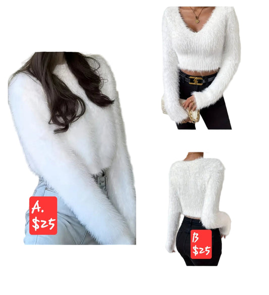 Fuzzy White Sweater Crew or Vneck