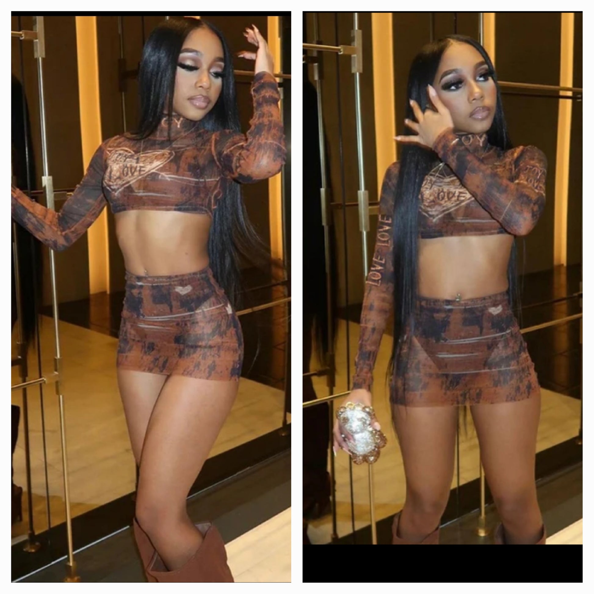Mesh crop top and multi skirt set featuring a stylish model posing confidently in a chic outfit.