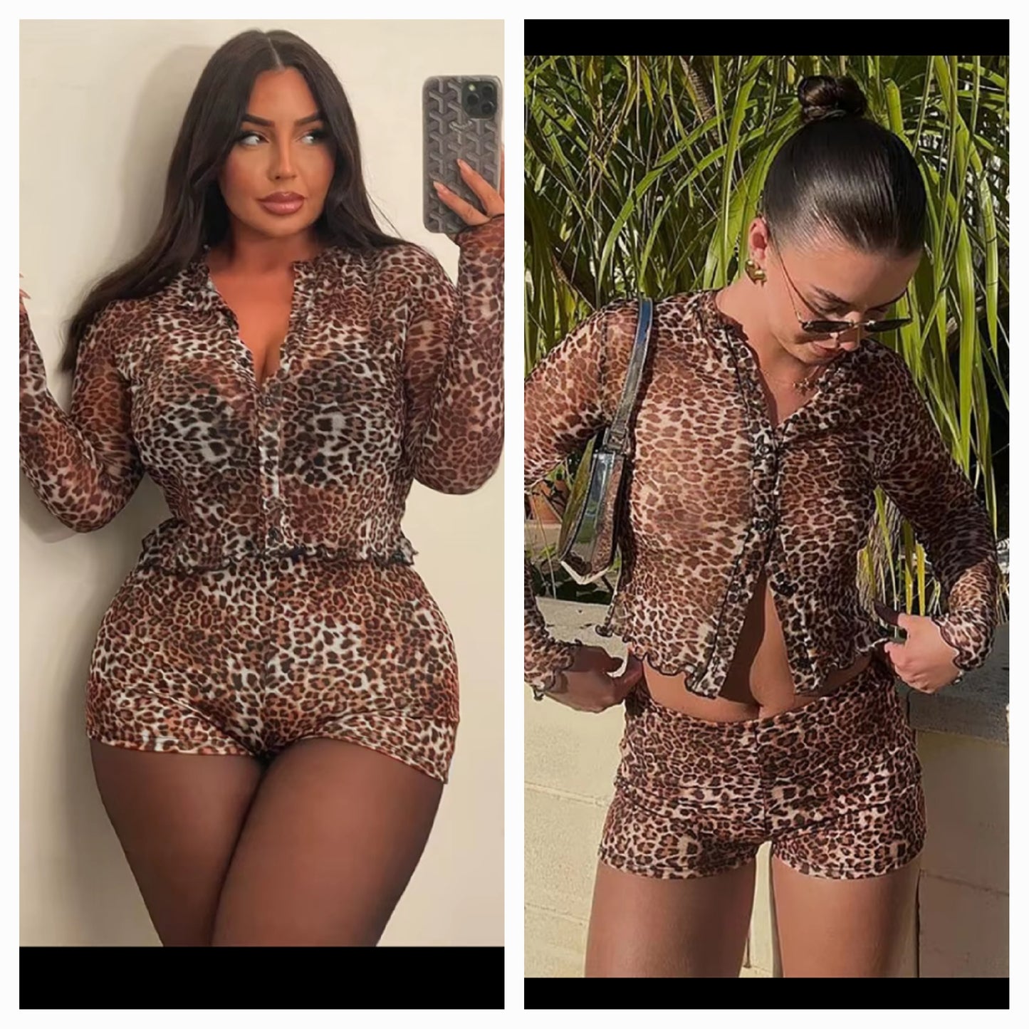 Cheetah print mesh short set displayed on models showcasing its stylish design and comfortable fit.