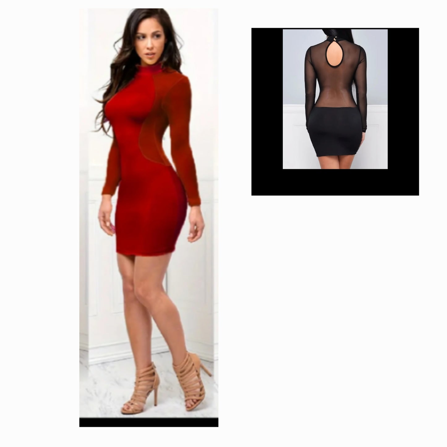 Model showcasing a stylish red mesh dress with long sleeves, highlighting its unique design and vibrant color.