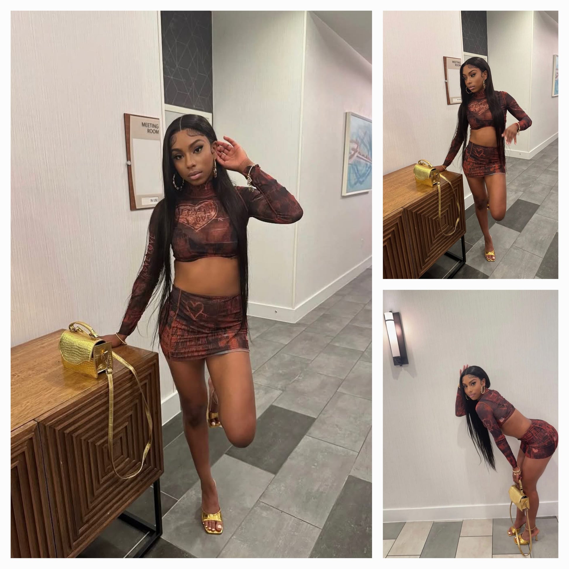 model wearing a stylish mesh crop top and multi skirt set in a modern hallway setting.