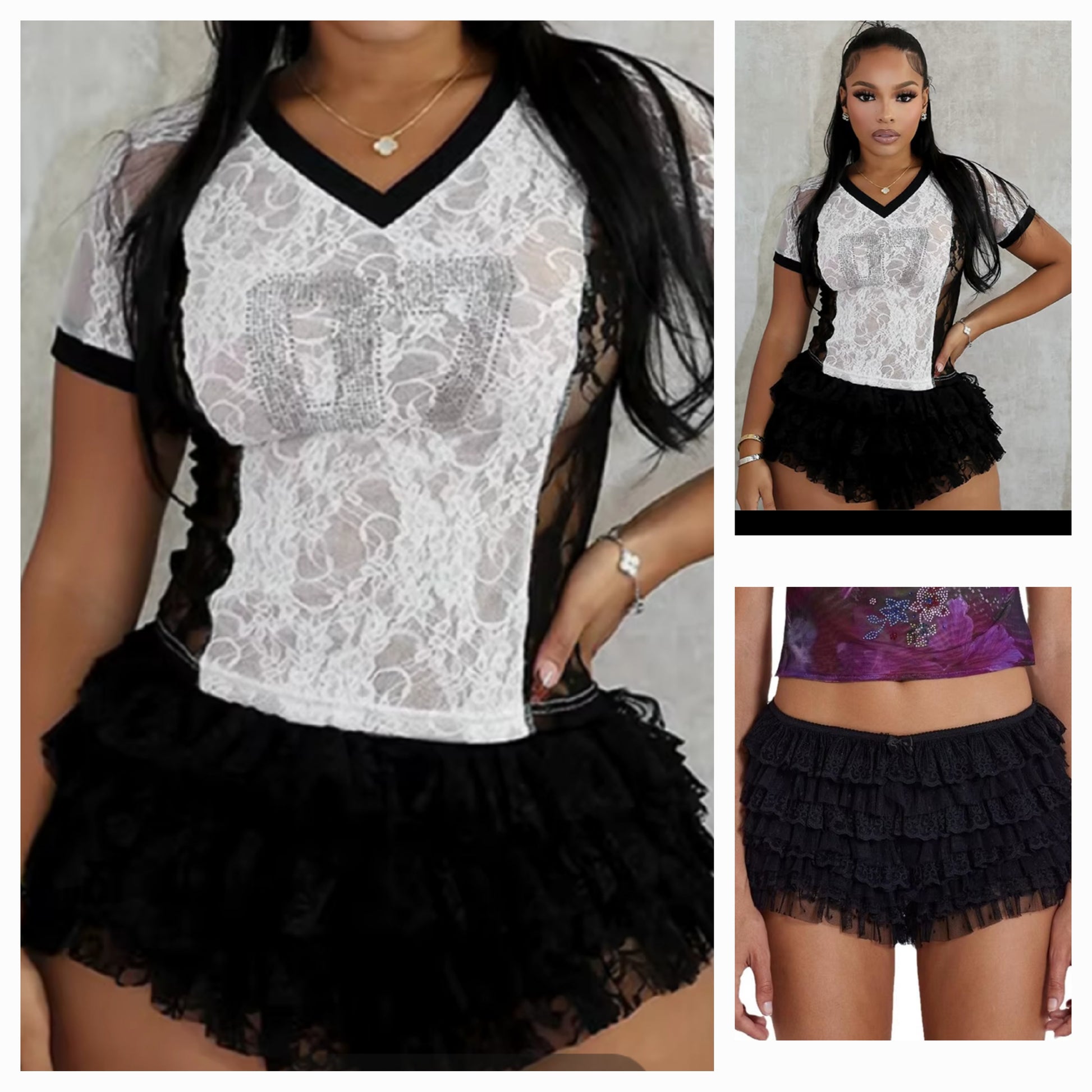 Ruffle lace short set featuring a lace shirt and ruffled shorts, perfect for a chic summer outfit.