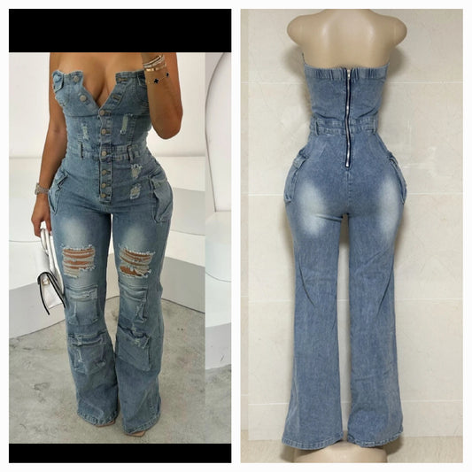 Strapless denim jumpsuit