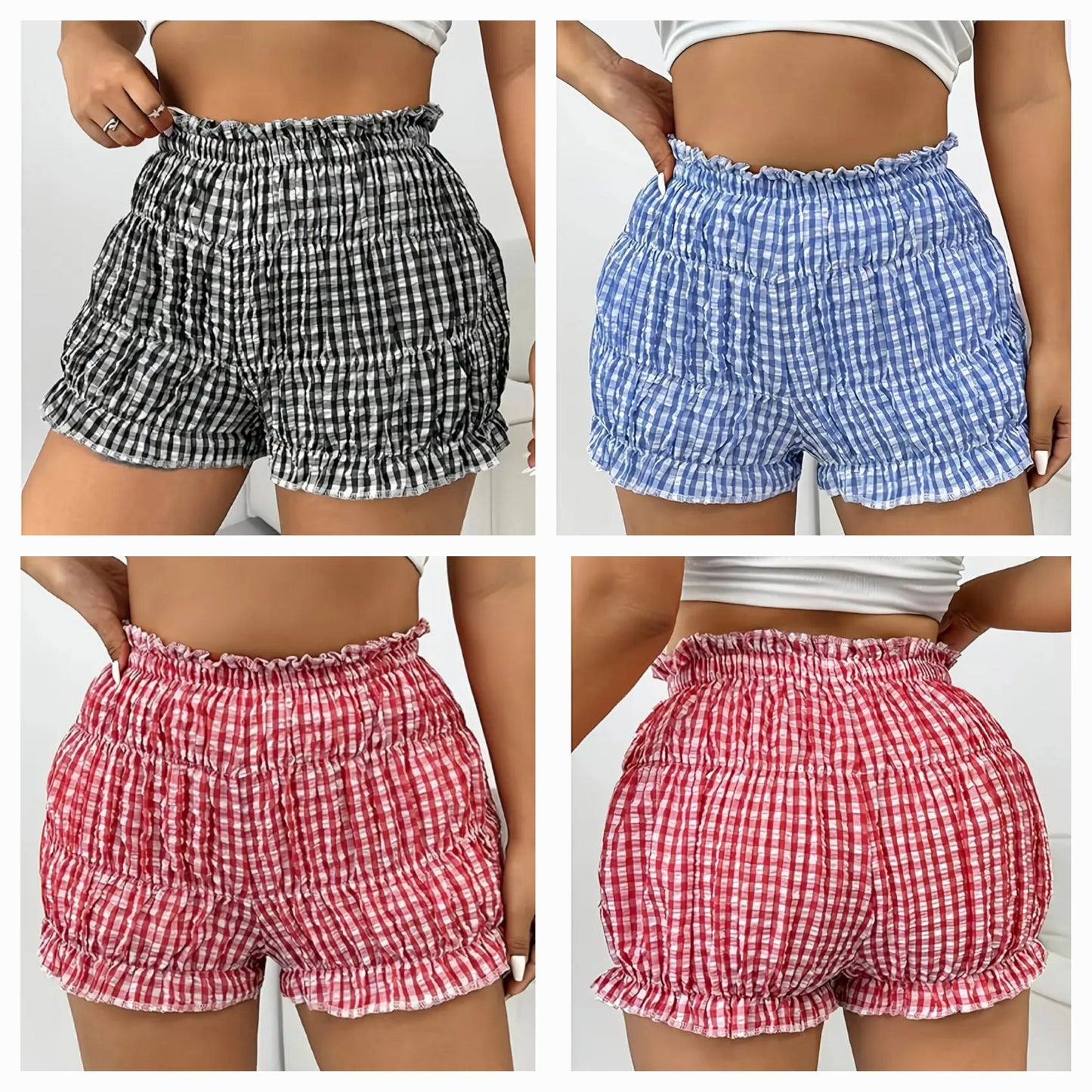 Plaid ruffle shorts in black, blue, and red checkered patterns showcased from multiple angles.