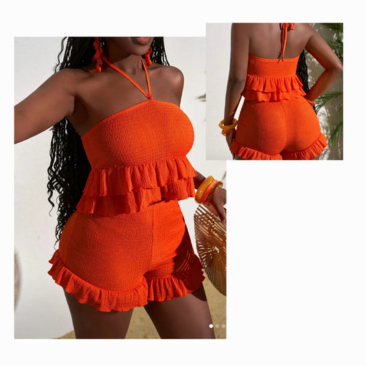 Ruffle Burnt Orange Short Set