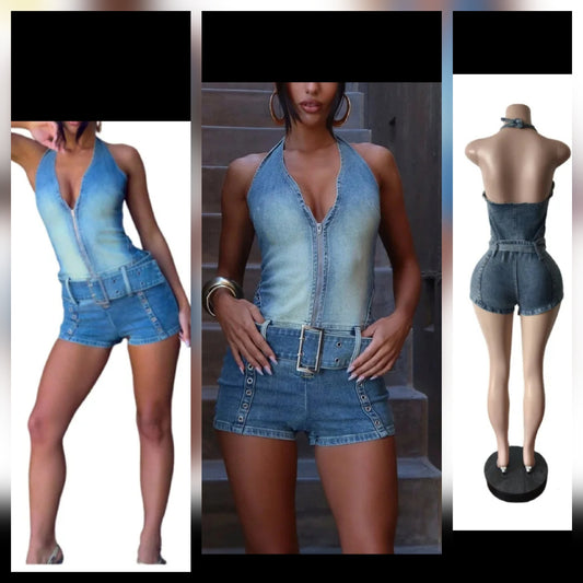 Denim Halter Belted Romper