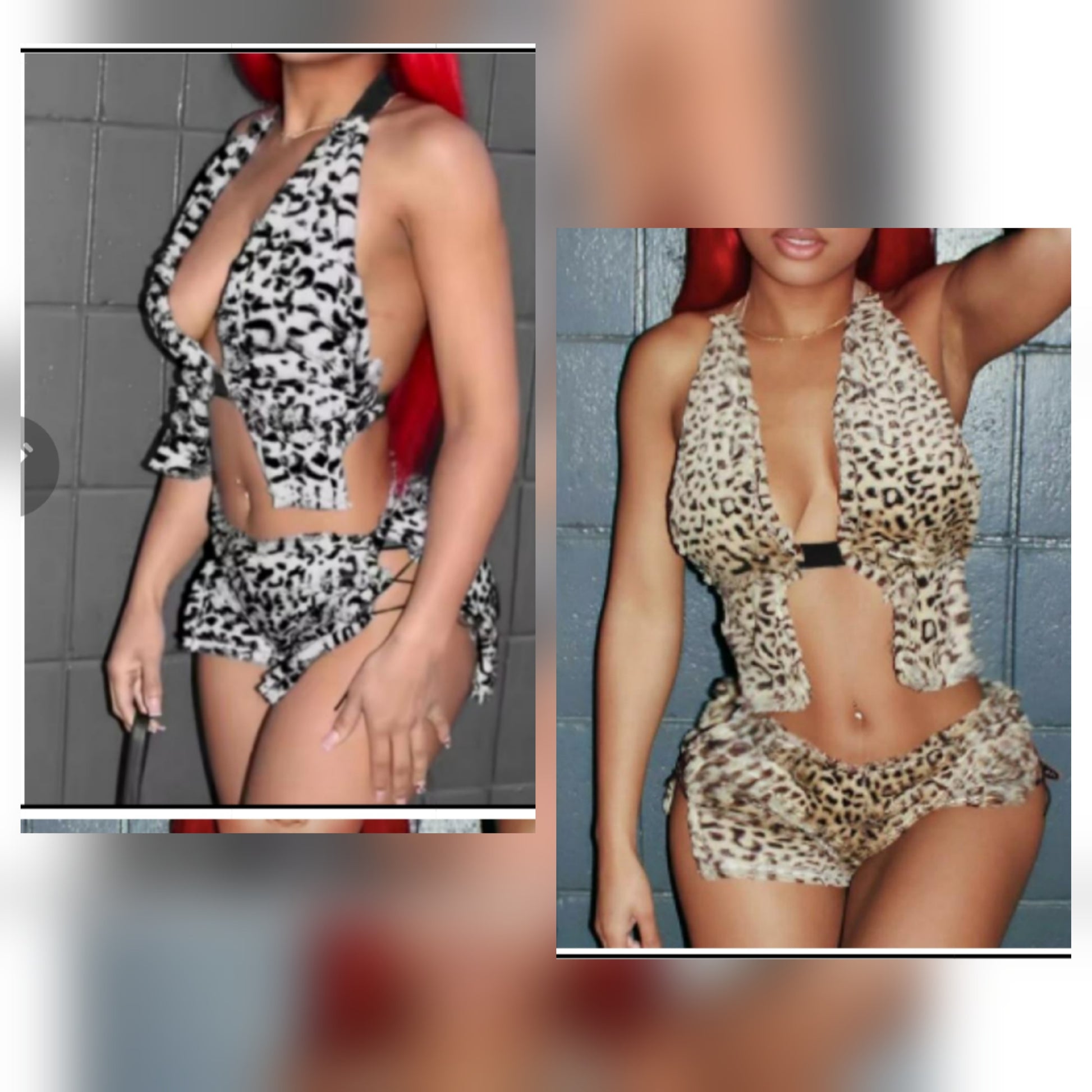 Cheetah print fur skirt set showcasing a black and white design, highlighting a fashionable and stylish look.