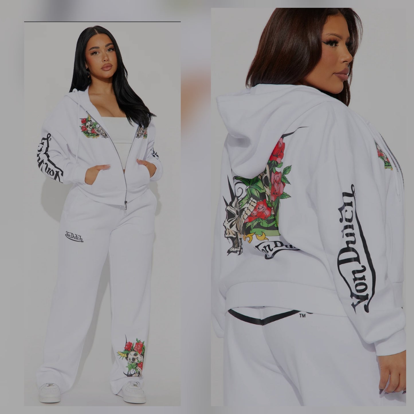 Chill Graphic Pant Set White Wide leg Full Jacket length
