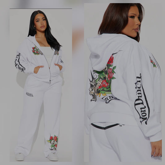 Chill Graphic Pant Set White Wide leg Full Jacket length