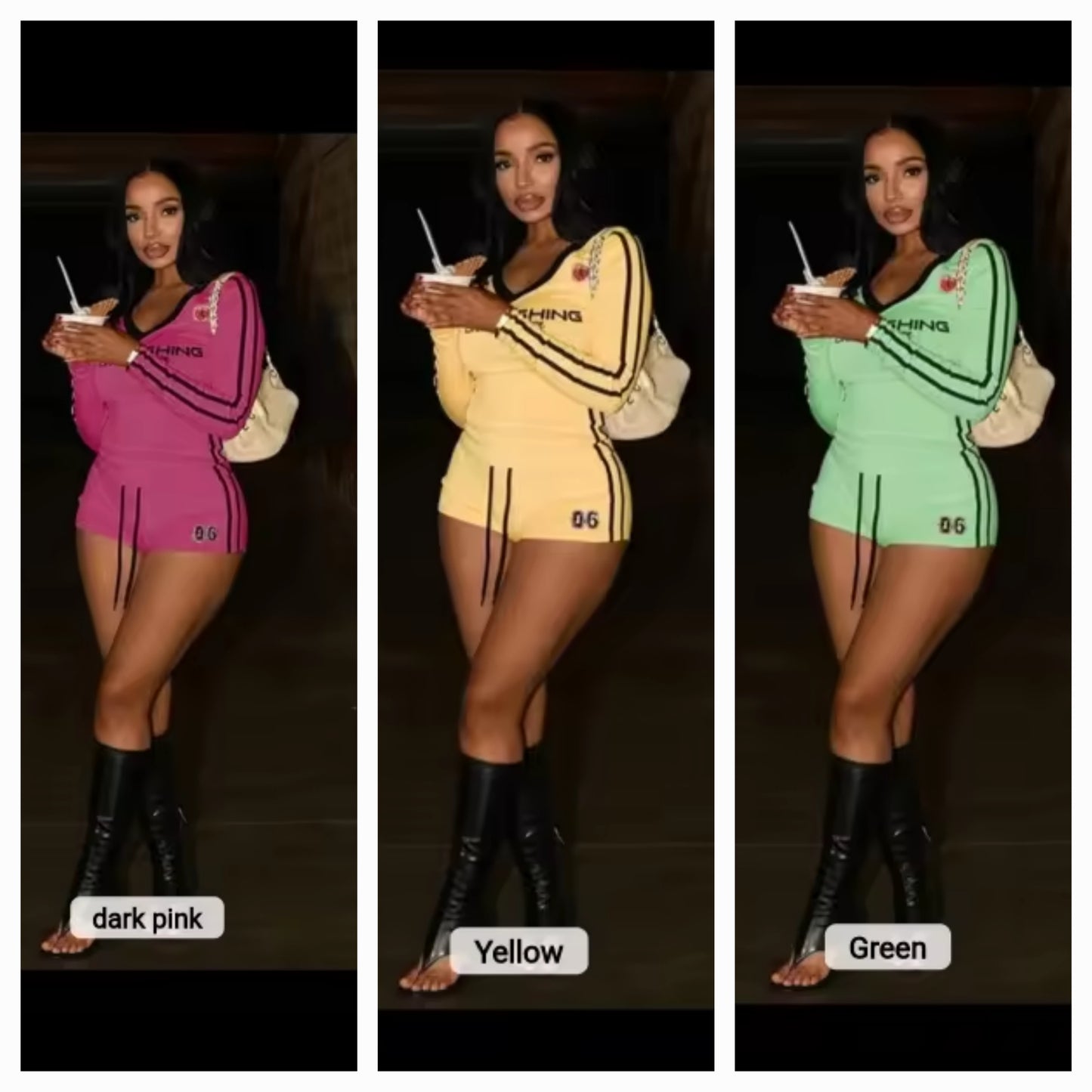 Graphic long sleeve short set in dark pink, yellow, and green colors modeled by a woman holding a drink.