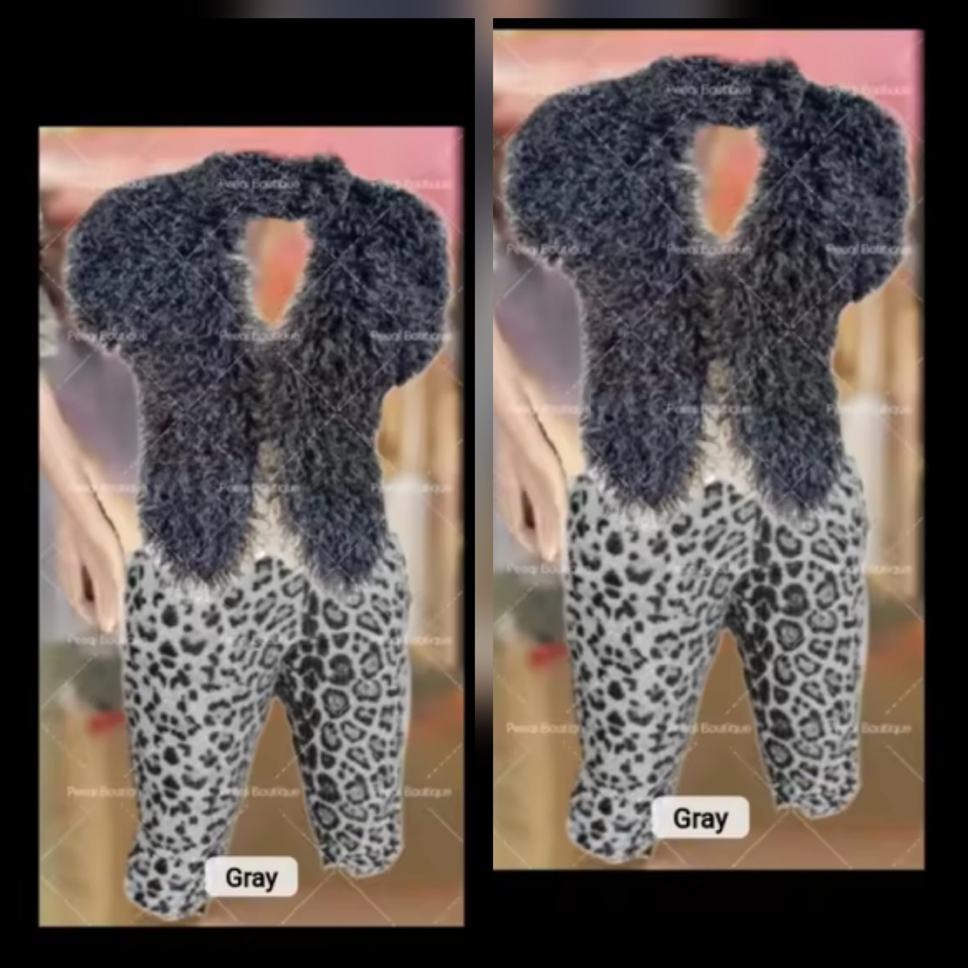 Gray FUR Cheetah Pant Set featuring gray cheetah print pant set with unique fluffy top and stylish design.