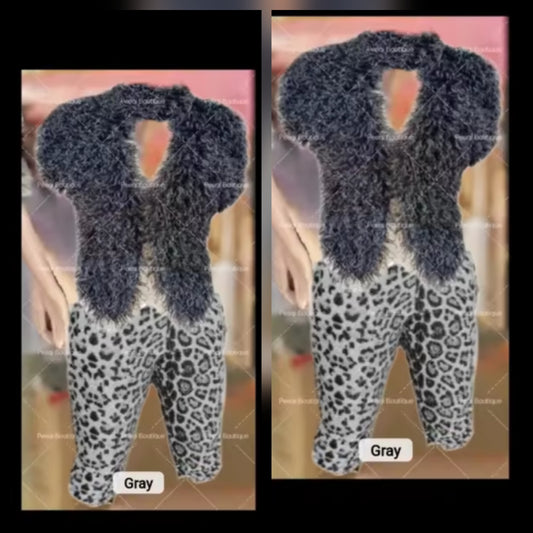 Gray FUR Cheetah Pant Set featuring gray cheetah print pant set with unique fluffy top and stylish design.