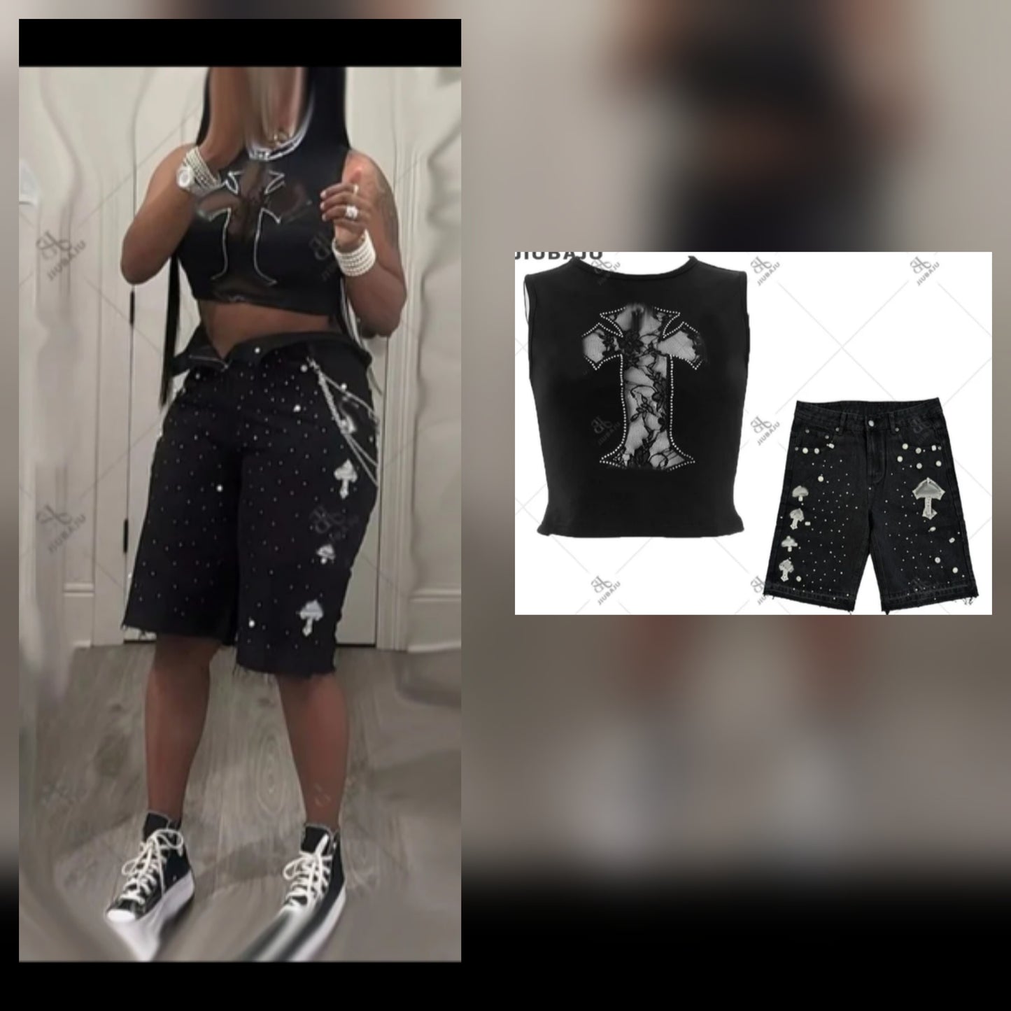 Denim Shorts Pearls crystals and Rhinestones with Top