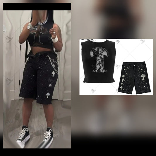 Denim Shorts Pearls crystals and Rhinestones with Top