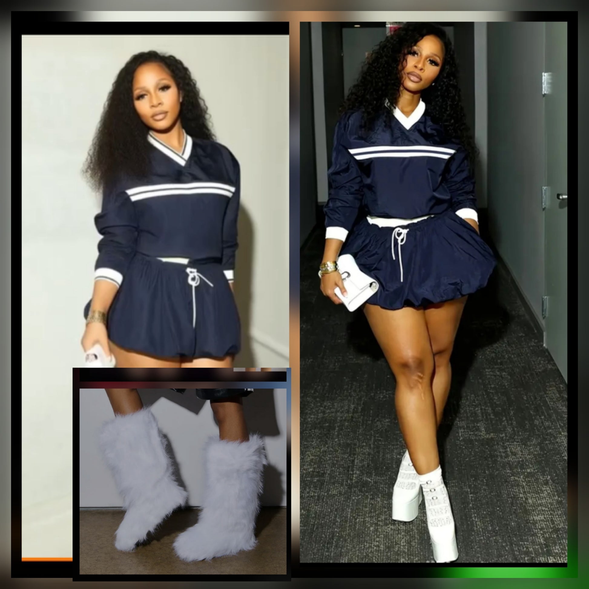 Model showcasing navy skort windbreaker set paired with stylish knee-high fur boots.