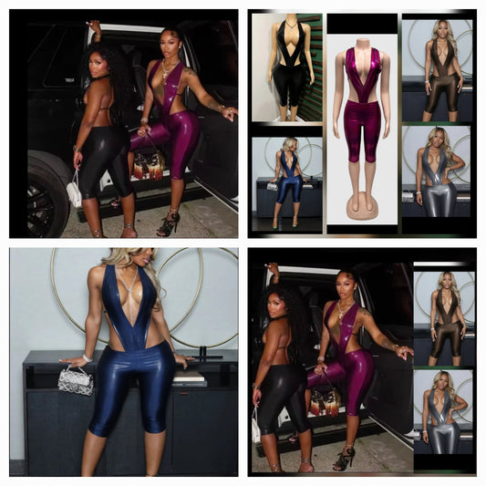 Two models showcasing a plunge metallic neckline capri jumpsuit in various colors and styles.