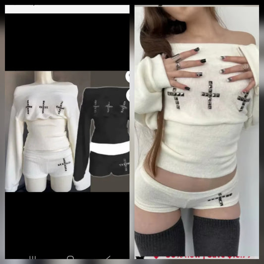 Gothic Cross Silver Cross Short Set featuring stylish cross details on a white outfit. Perfect gothic silver cross short set for fashion.