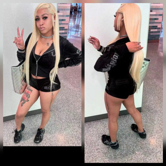 Graphic Velour Rhinestone Short Set