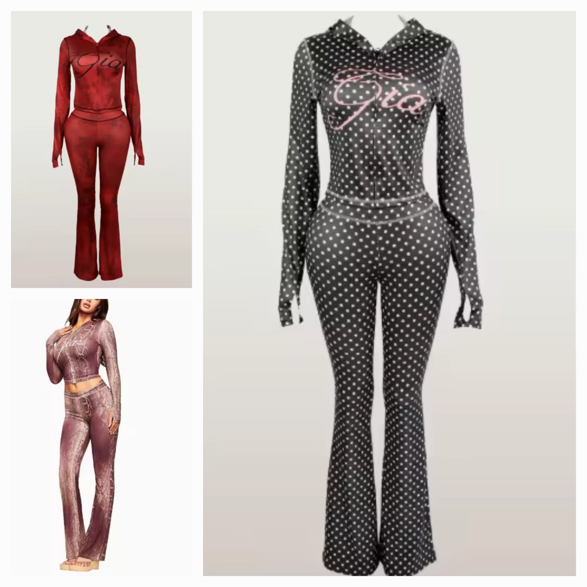 ombre polka dot graphic chill set featuring stylish hood and flared pants in black with polka dots.