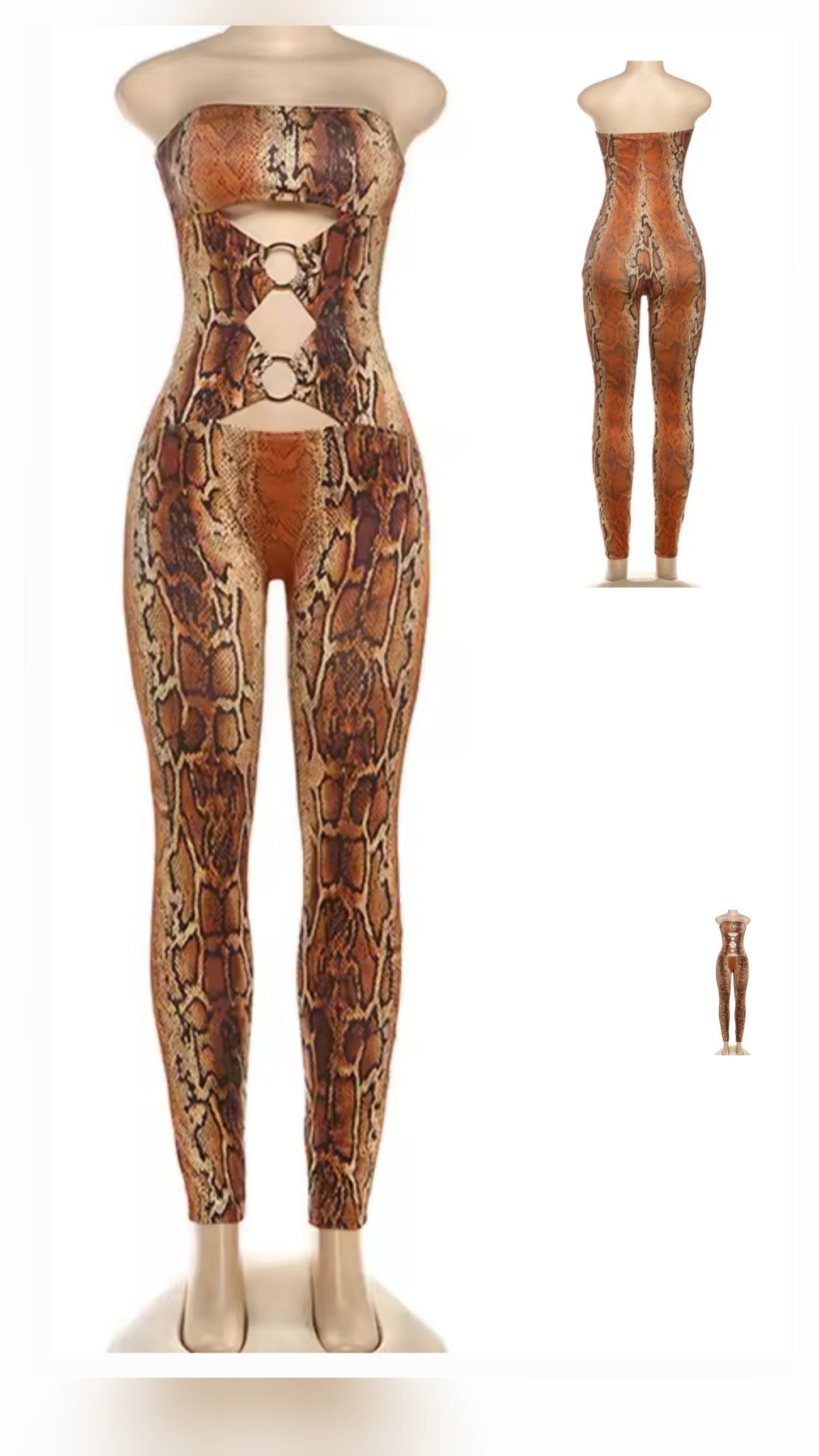 Snakeskin BROWNish Orange Sleeveless Jumpsuit featuring a stylish cutout design, showcasing a brown snakeskin sleeveless jumpsuit.