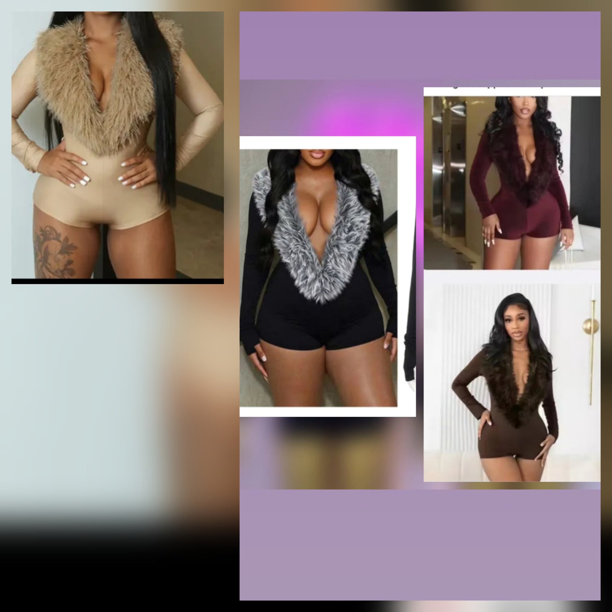 Collage of stylish women wearing fur collar romper in various colors and styles showcasing elegance and fashion.