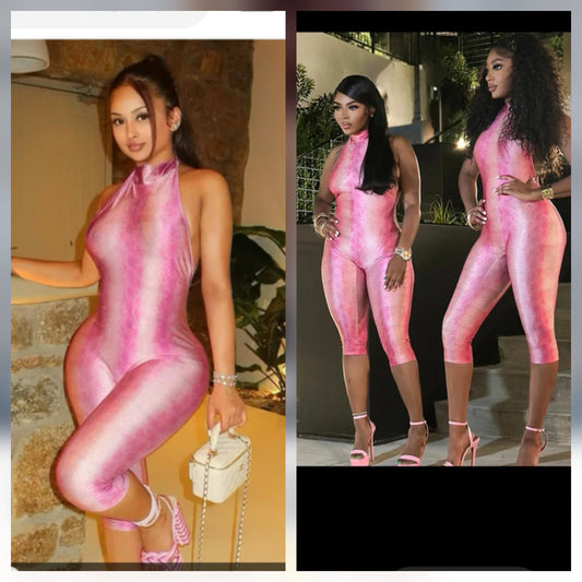 Capris Snakeskin ombre Jumpsuit featuring vibrant pink hues and a stylish fit for a chic look.