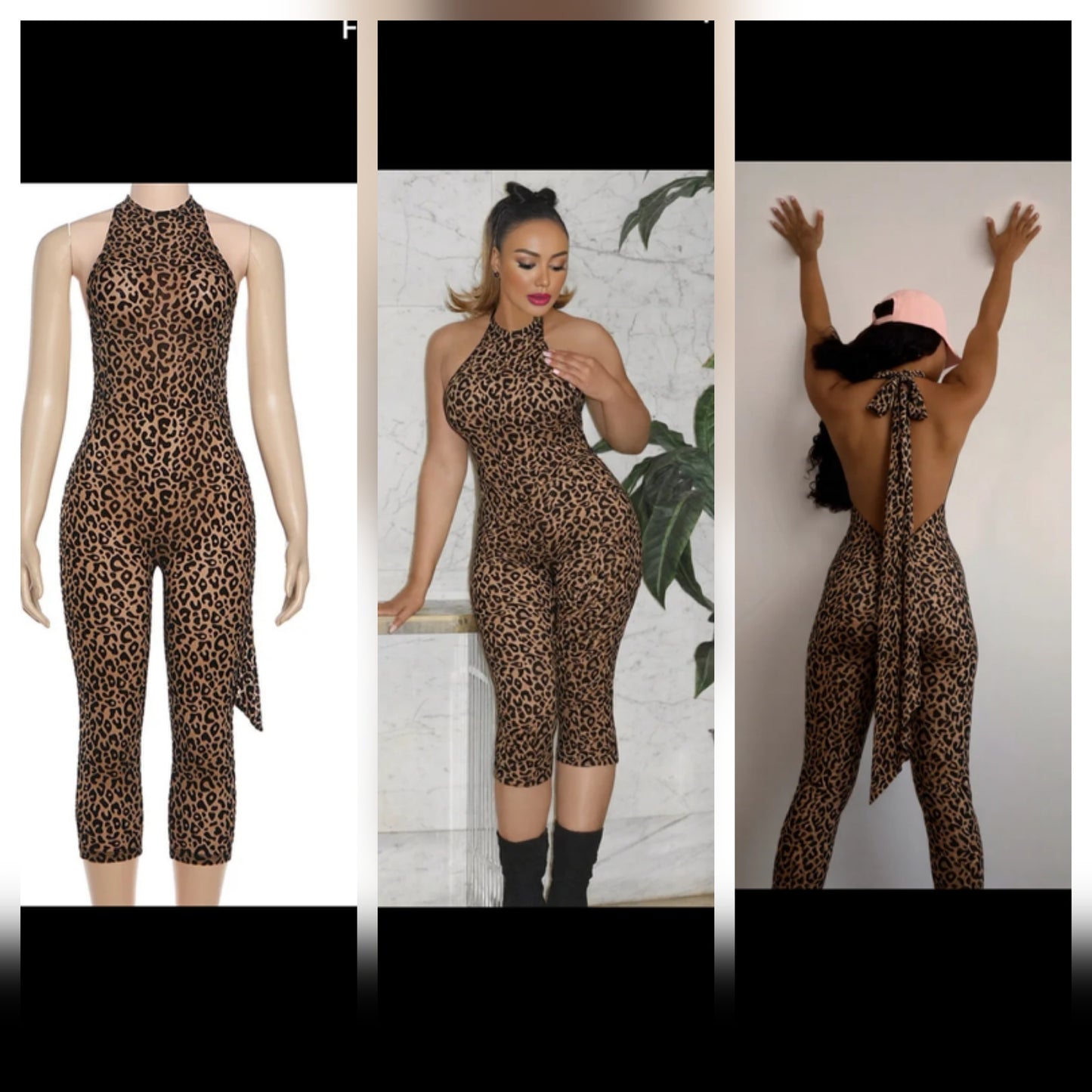 Cheetah print capri jumpsuit displayed on models showcasing different angles and styles.