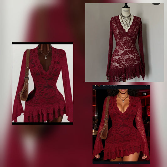 Lace Ruffle Dress collection featuring detailed lace design in burgundy color.