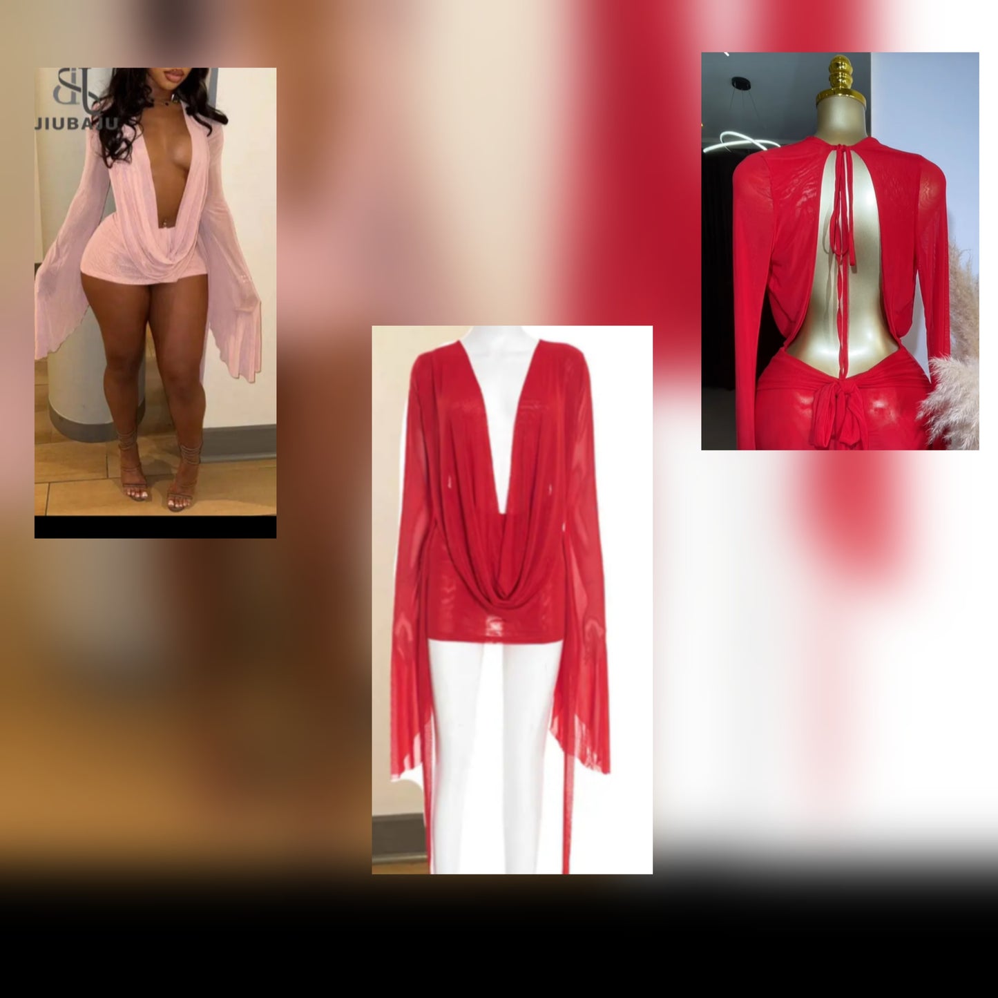Collection of bell sleeve mesh dress styles in pink and red showcasing trendy designs and vibrant colors.