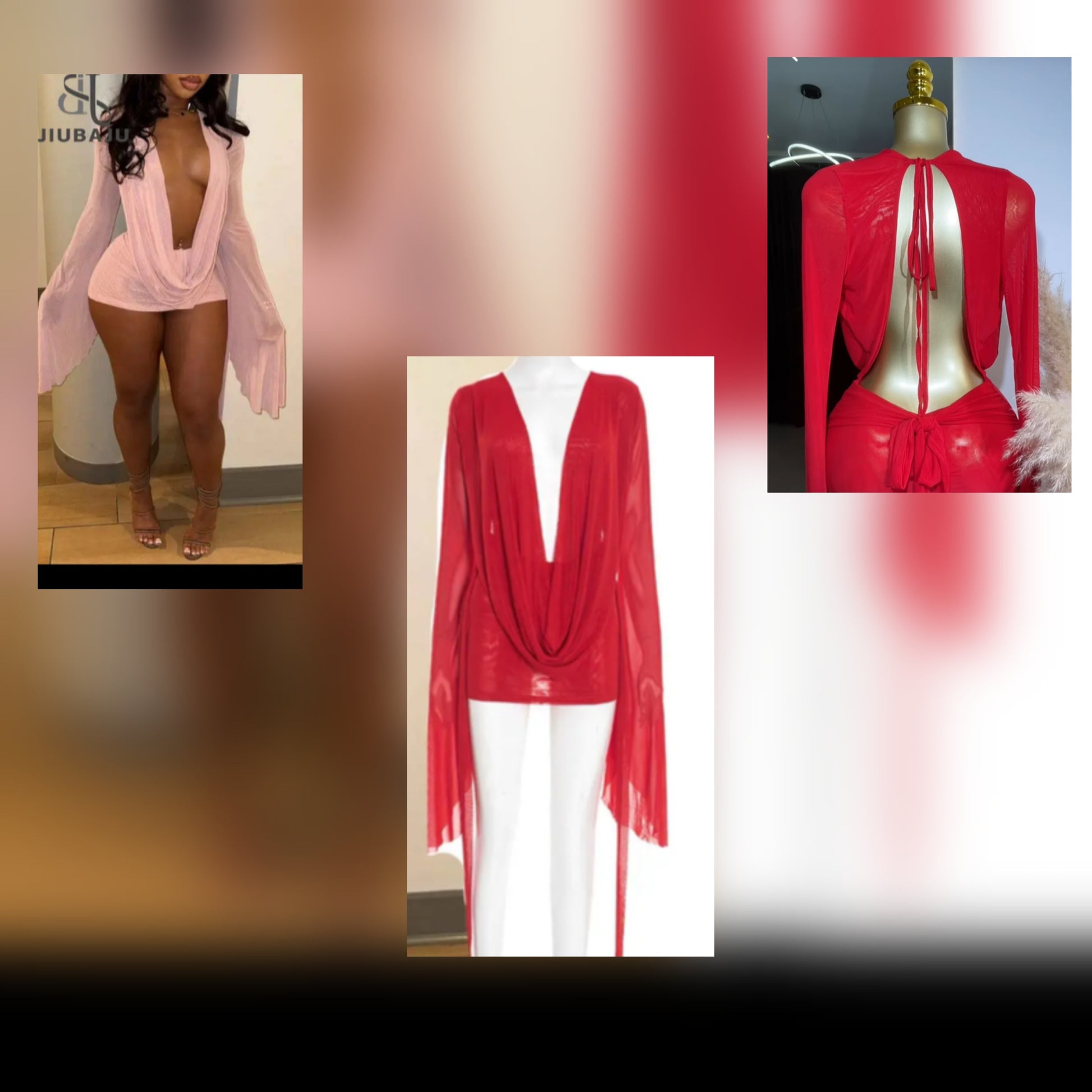 Collection of bell sleeve mesh dress styles in pink and red showcasing trendy designs and vibrant colors.