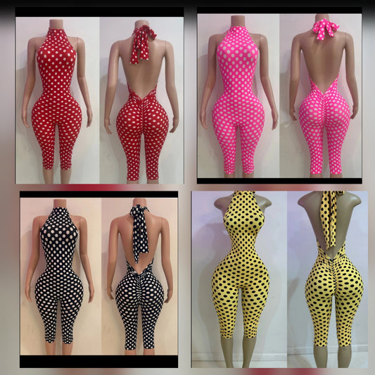 Various views of polka dot capri jumpsuit in red, pink, black, and yellow designs, showcasing fashion versatility.