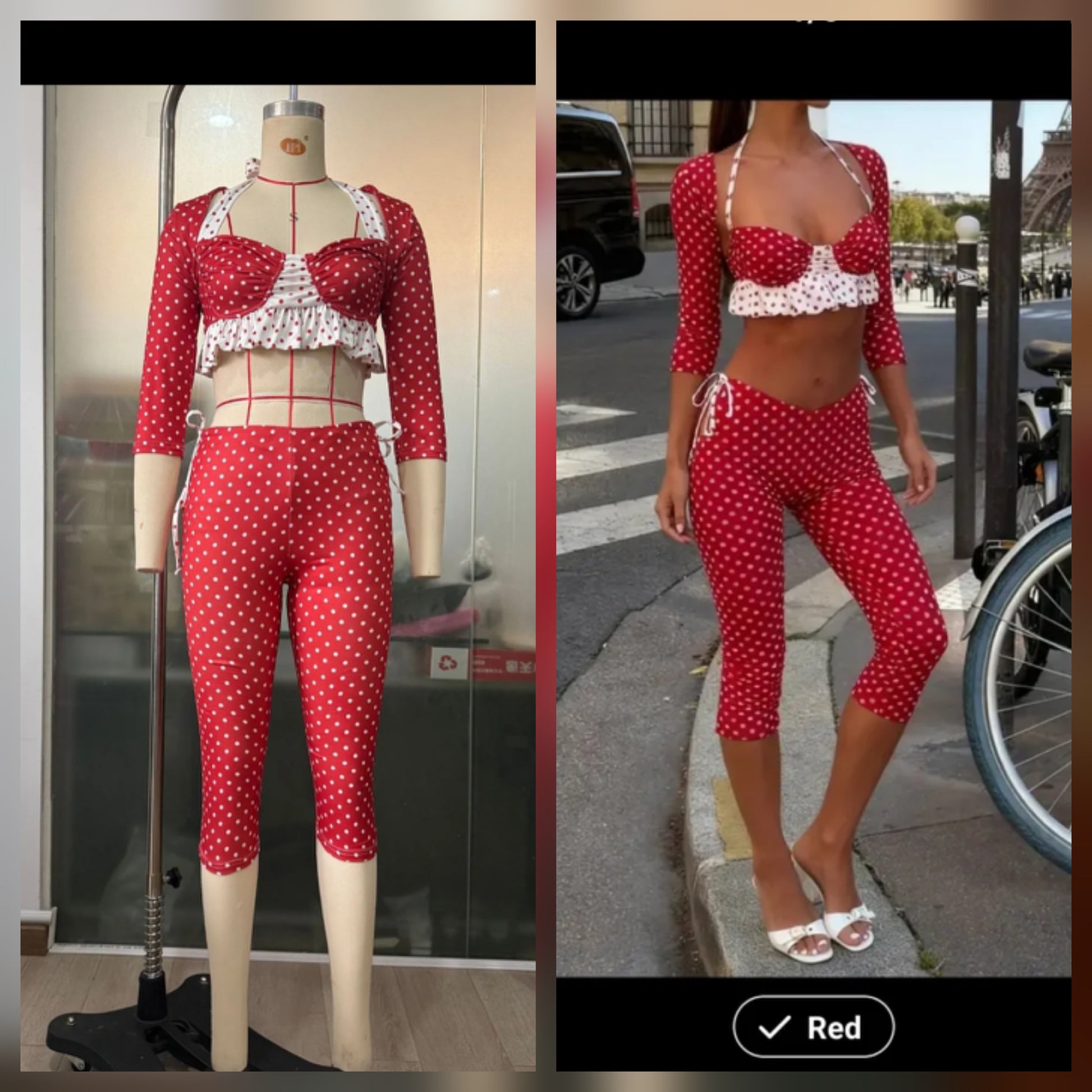 Red Polka Dot Pant Set with White Trim displayed on mannequin and model, showcasing stylish polka dot design.