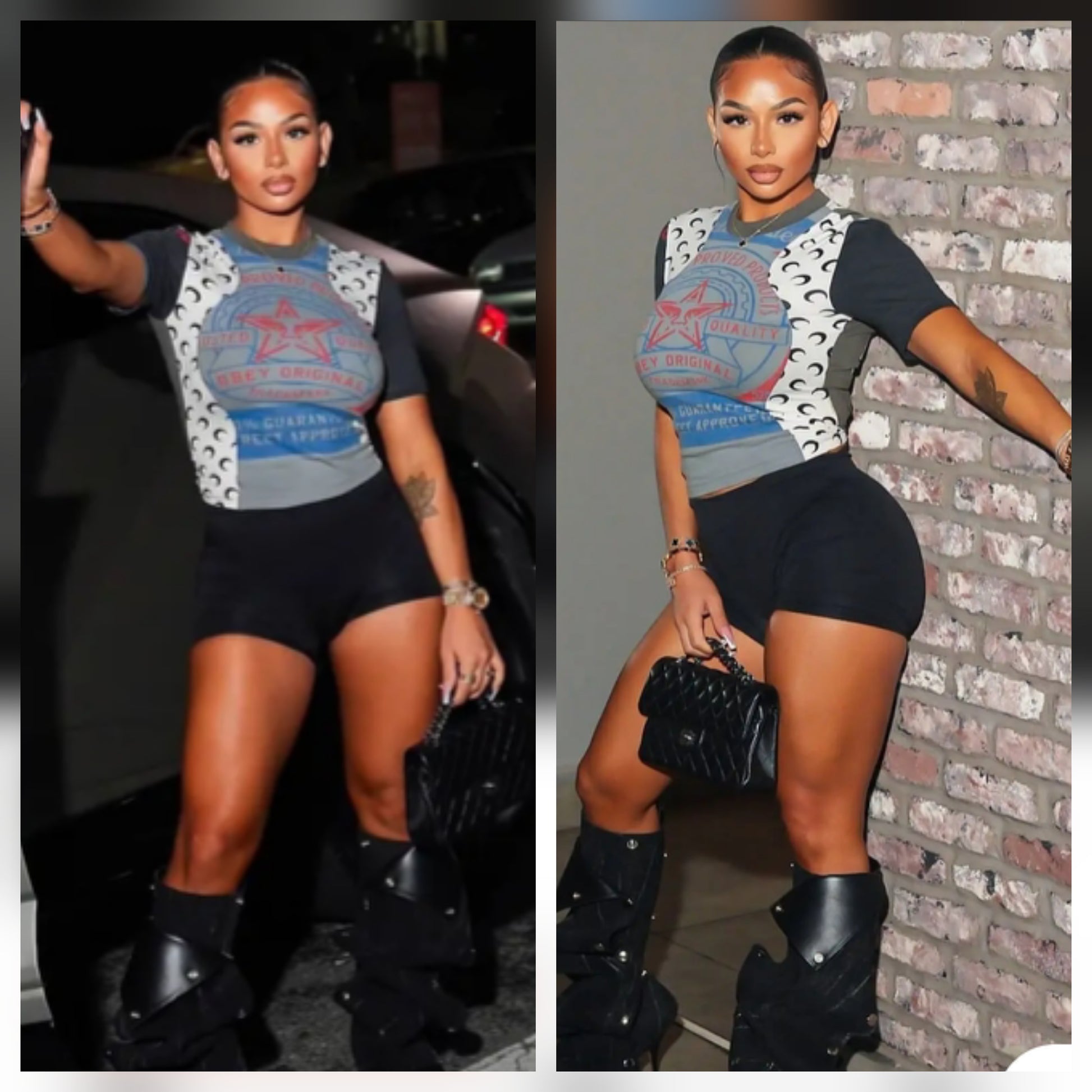 Model showcasing the MOON short set with stylish boots in a night setting.