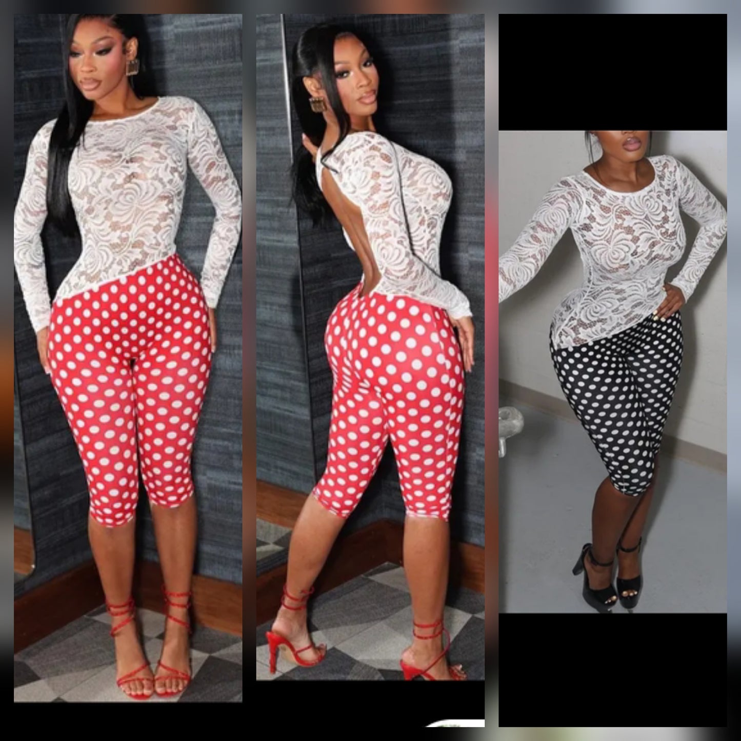 Polka Dot Capri Pant Set with Lace Top displayed on model, showcasing red and black polka dot capri pants.