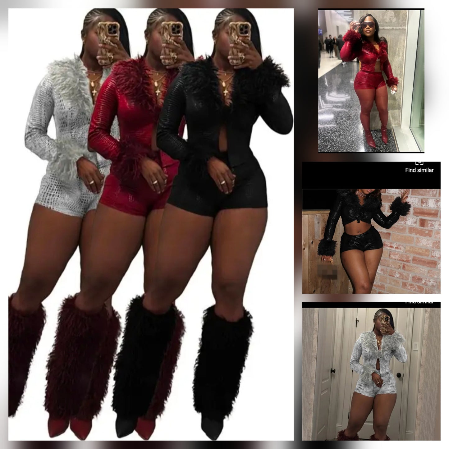 Faux leather short set featuring plush faux fur in multiple colors, perfect for a stylish and elegant look.
