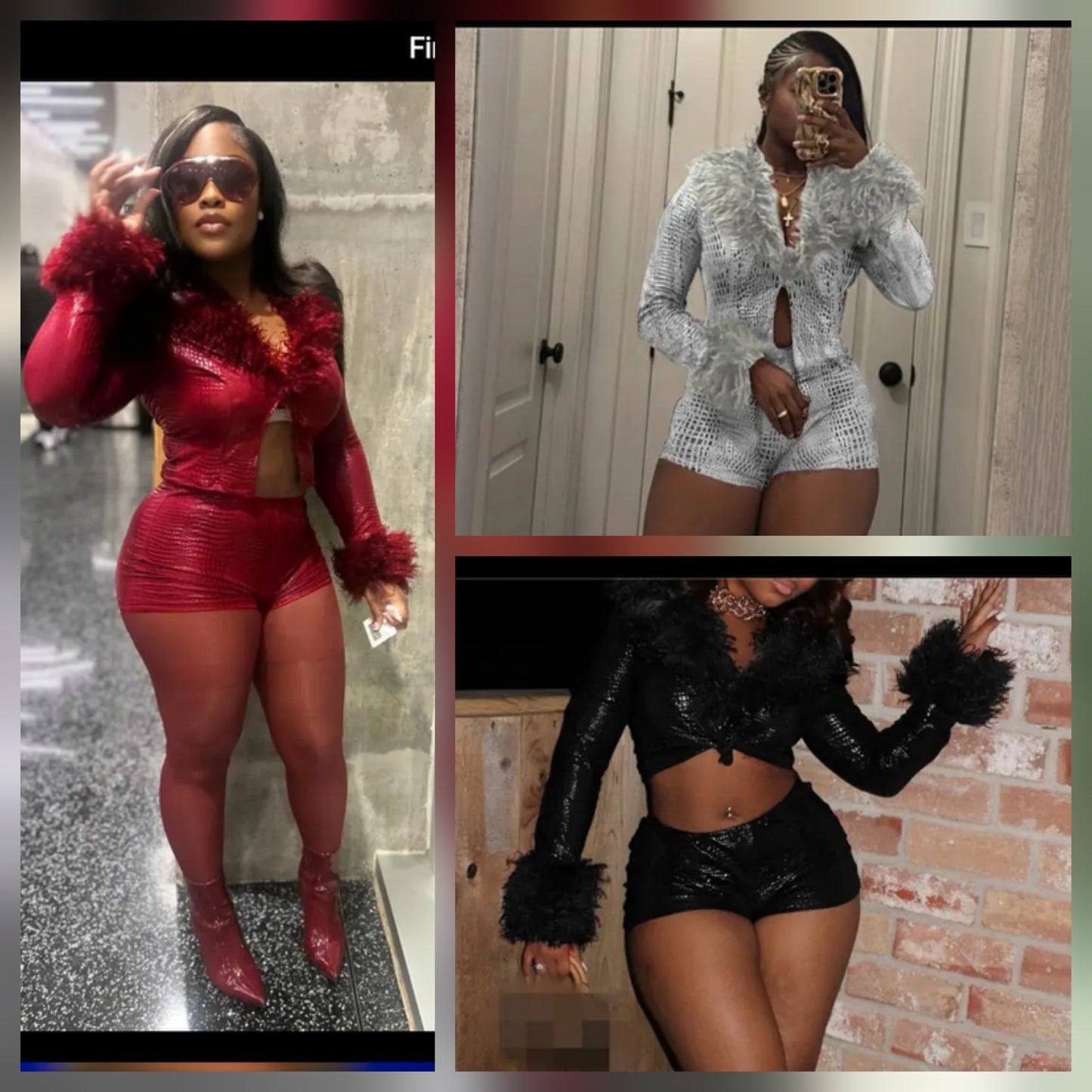 Faux leather short set featuring three stylish looks: red, silver, and black, showcasing plush fur details for a chic appearance.