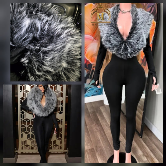 Fur collar jumpsuit featuring a stylish black design and luxurious fur collar detail.