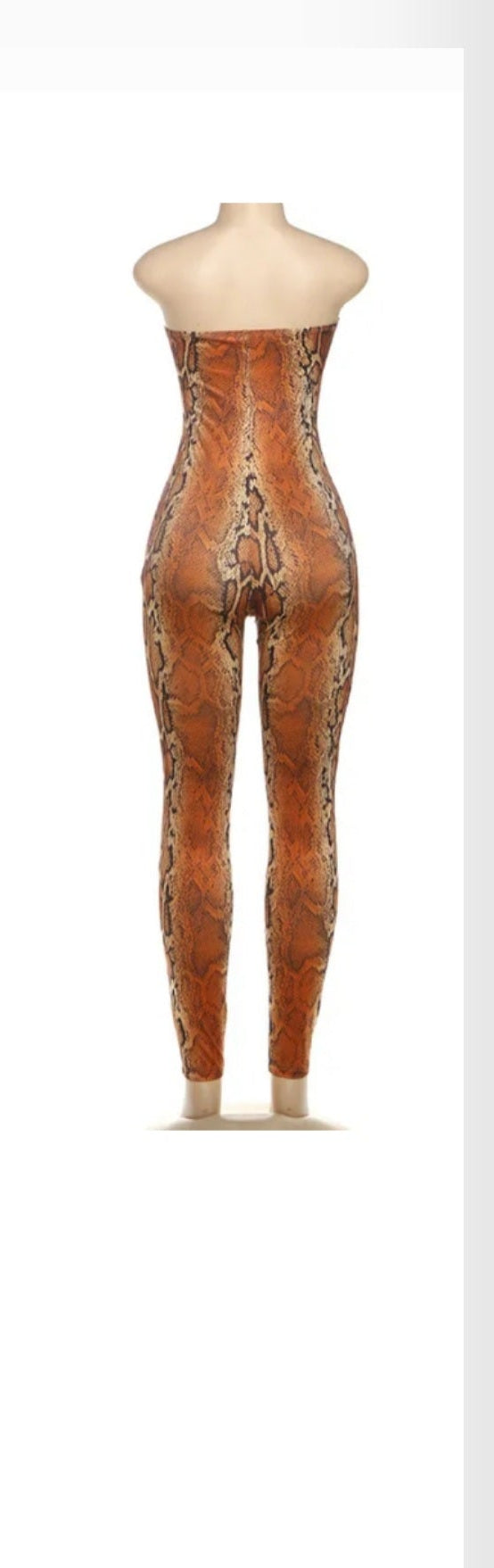 Back view of an orange snakeskin sleeve jumpsuit showcasing its stylish design and form-fitting silhouette.