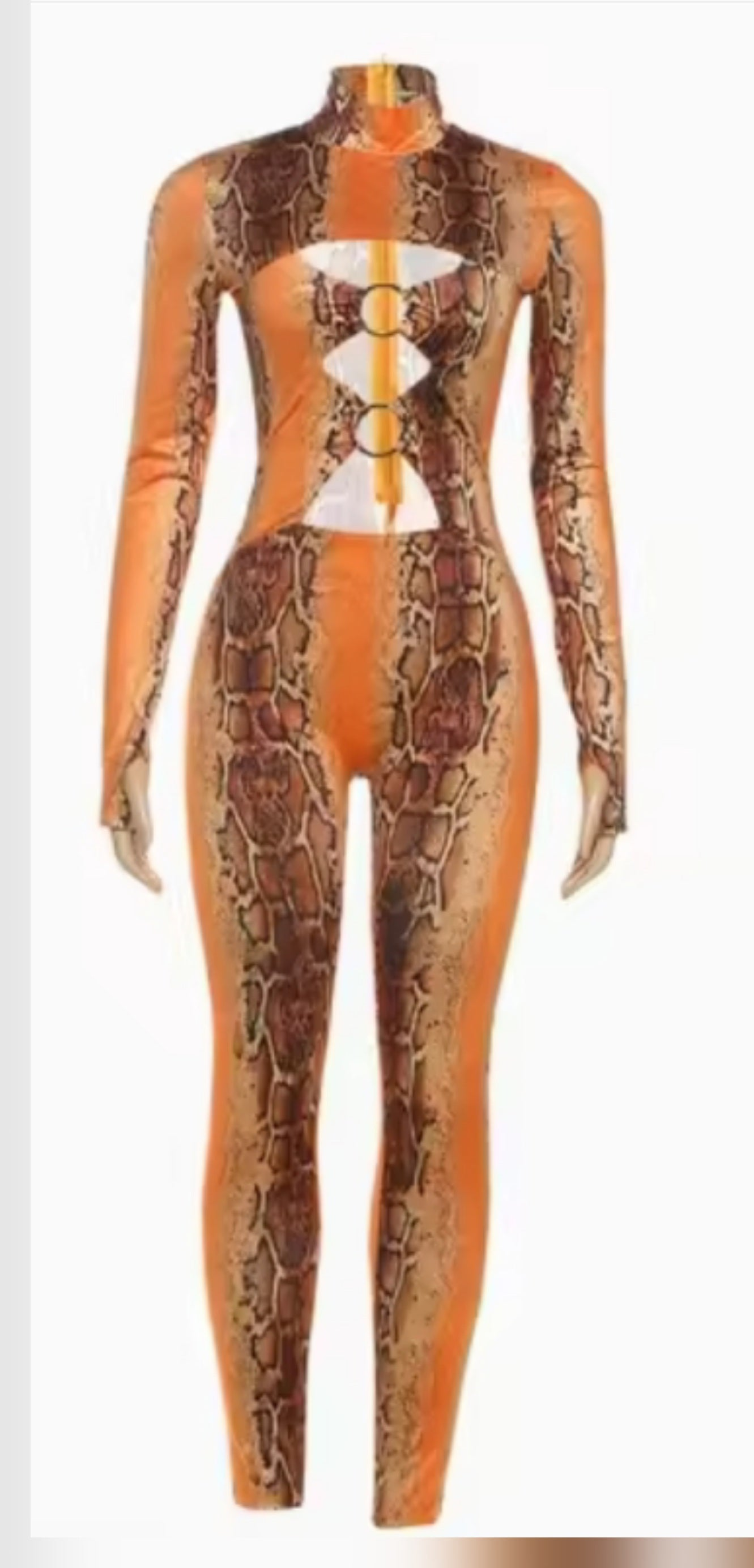 Orange snakeskin sleeve jumpsuit featuring a stylish design with cutouts and a form-fitting silhouette.