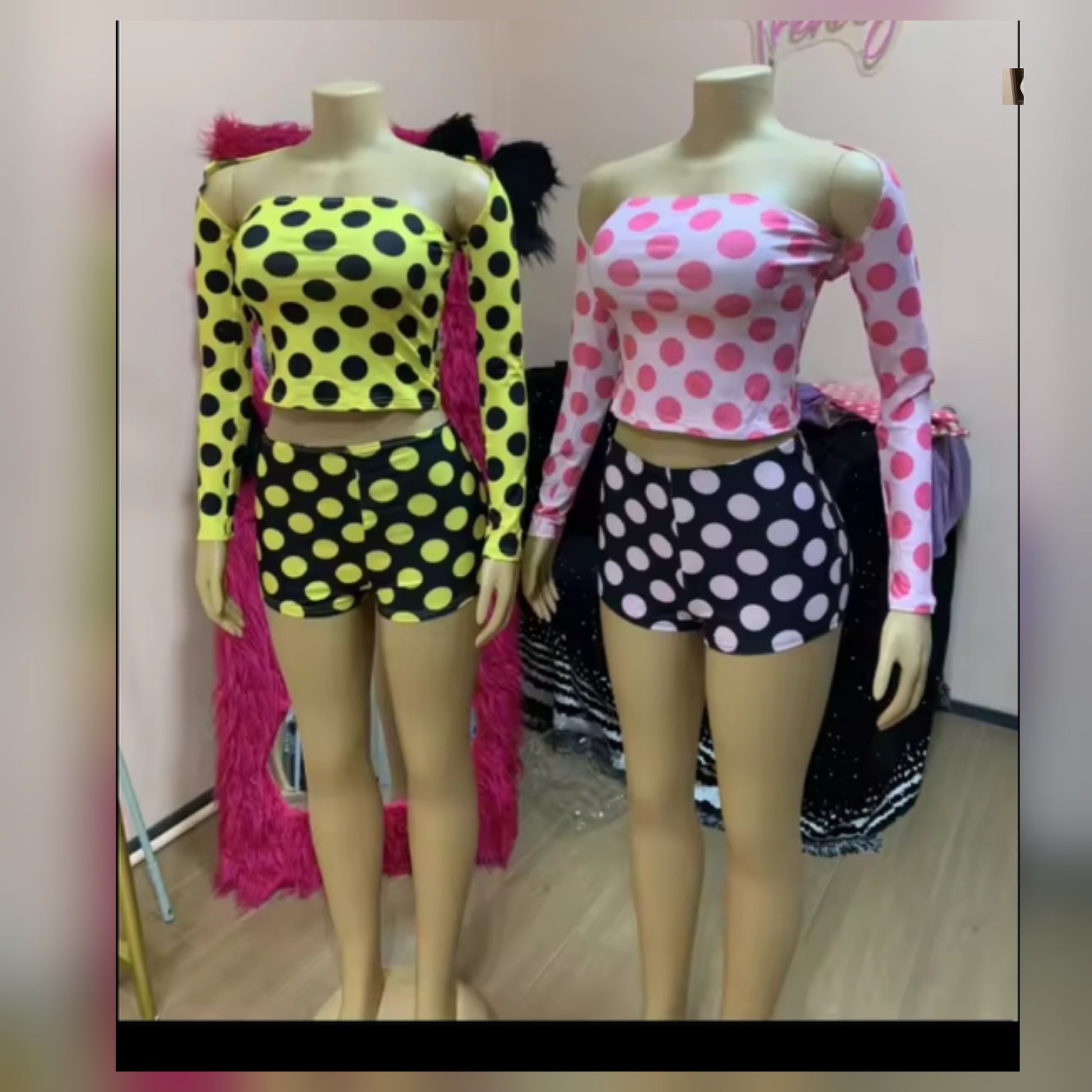 Two mannequins wearing a 3pc Polka Dot Short Set featuring colorful polka dot tops and shorts.