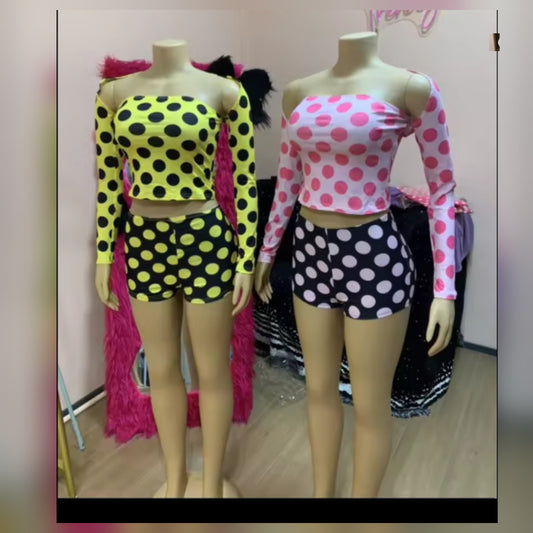 Two mannequins wearing a 3pc Polka Dot Short Set featuring colorful polka dot tops and shorts.