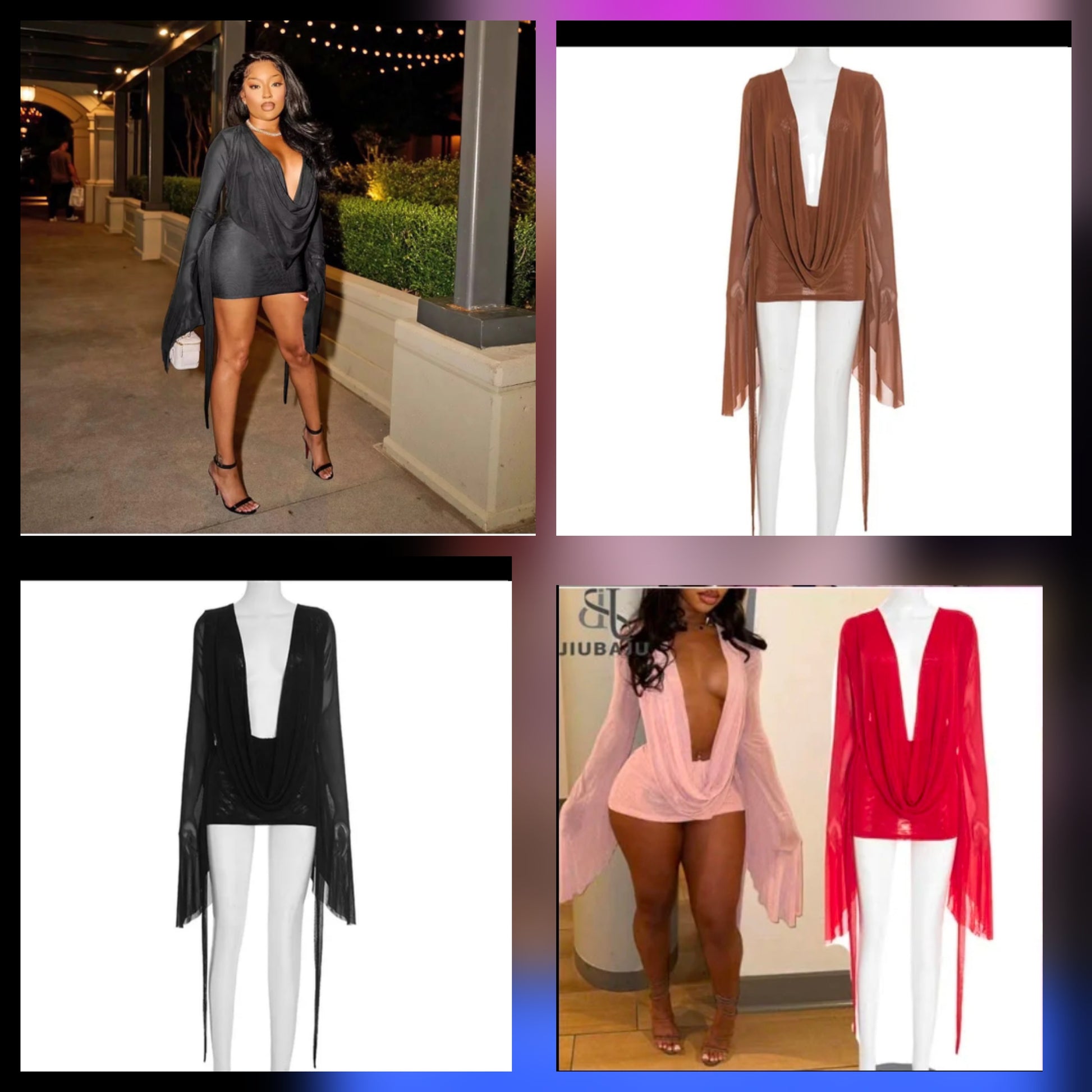 Collection of bell sleeve mesh dresses in various colors displayed on models and mannequins.