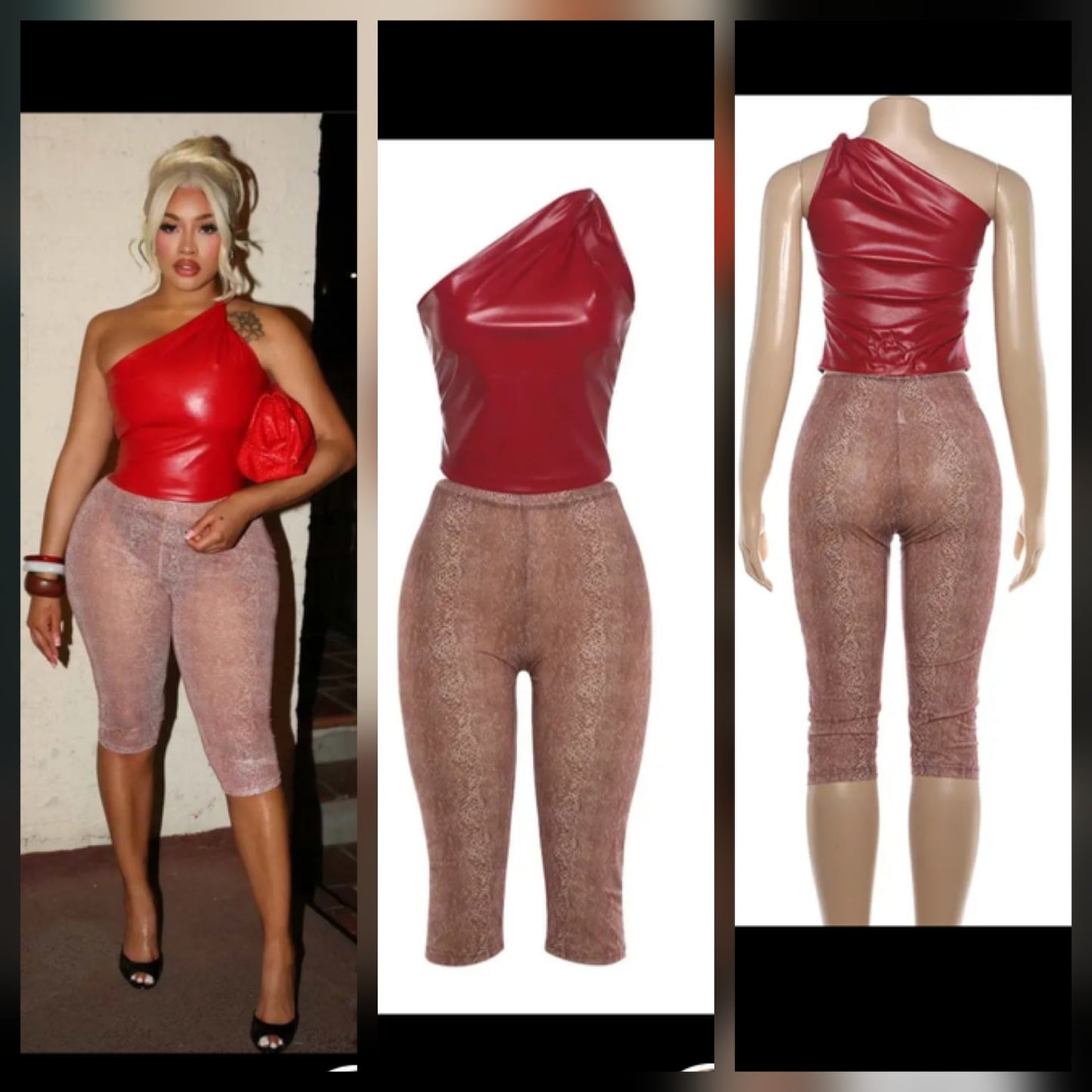 Model showcasing mesh capri faux leather top outfit in red and brown.