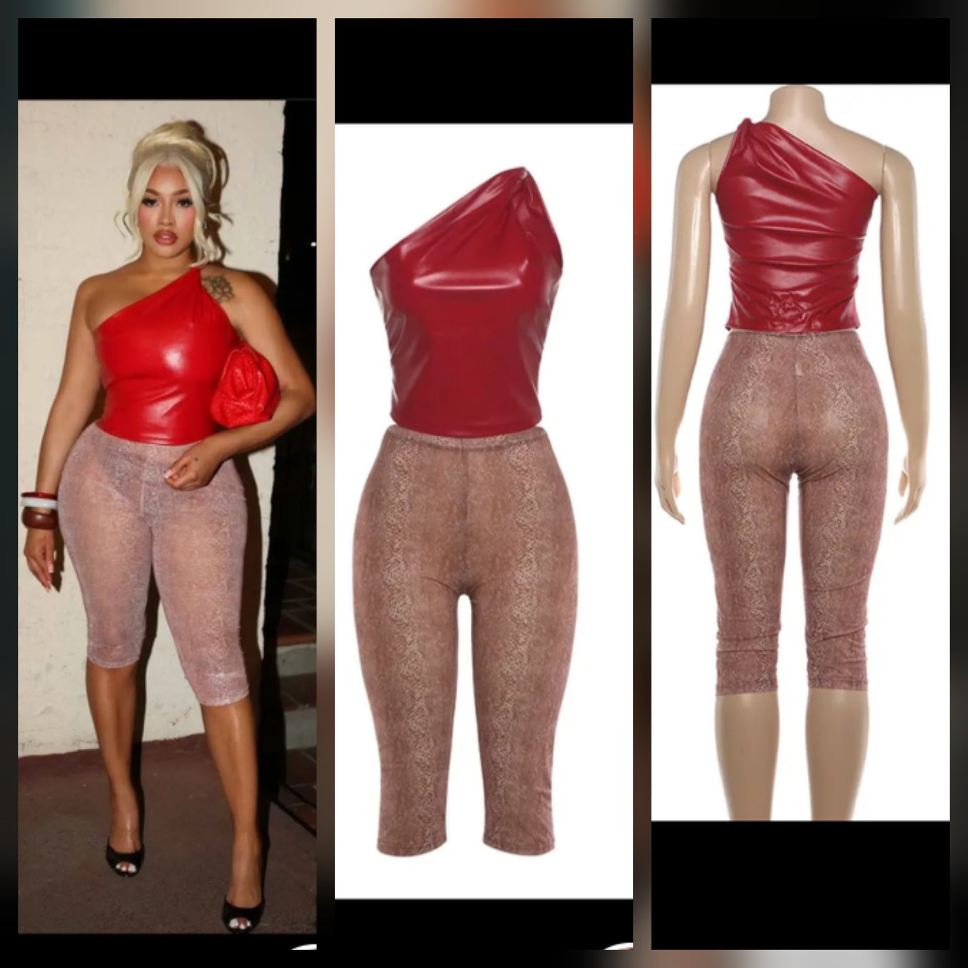 Model showcasing mesh capri faux leather top outfit in red and brown.