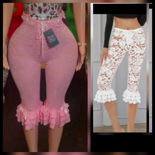 Pink/White lace ruffle leggings capri