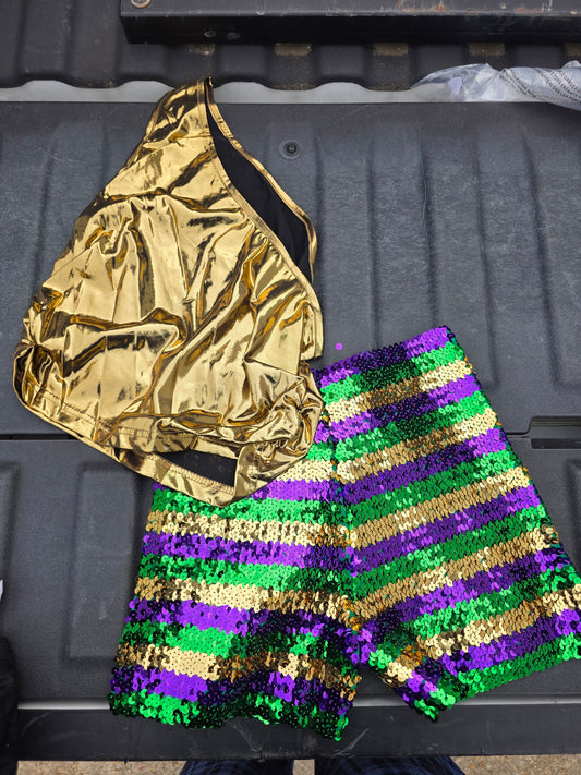 Mardi Gras festive shorts with gold tank top, perfect for celebrating in vibrant style.
