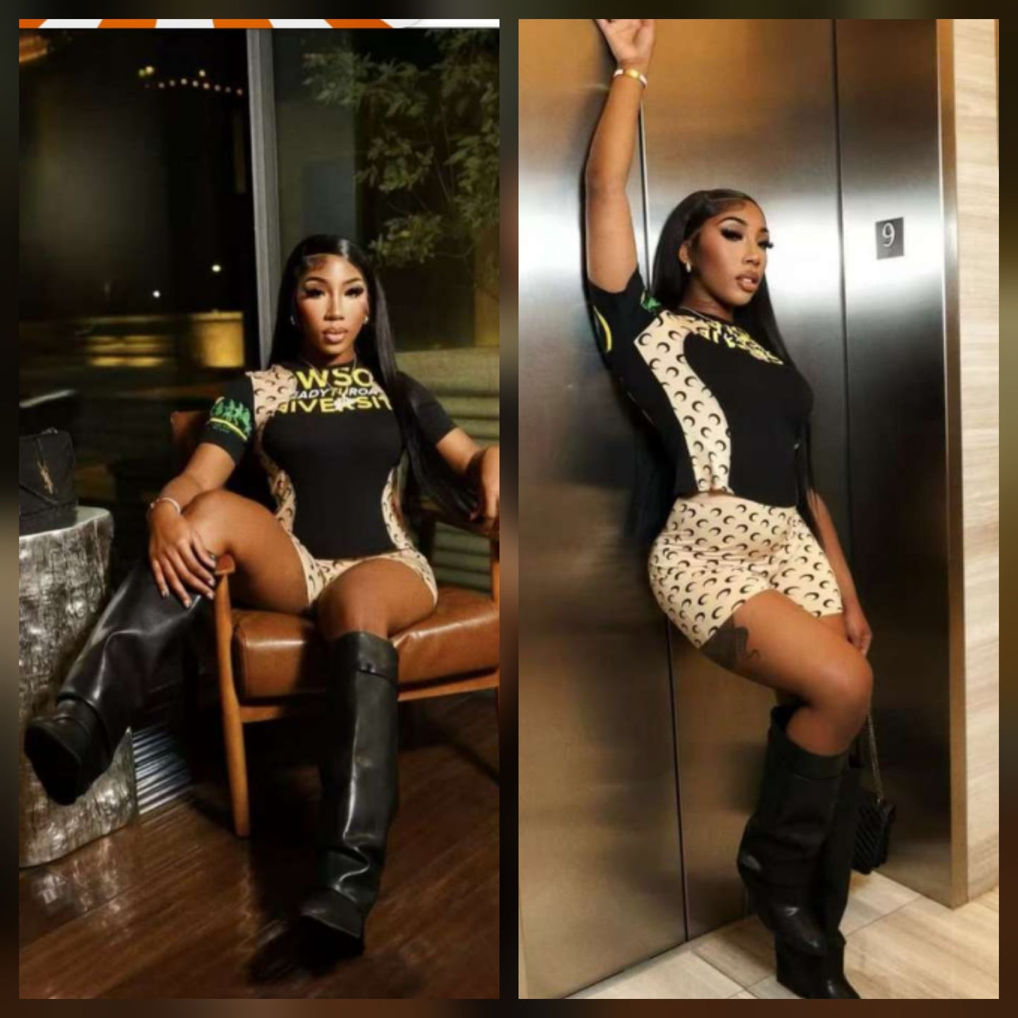 Model showcasing a stylish moon green set in a modern urban setting with chic black boots.